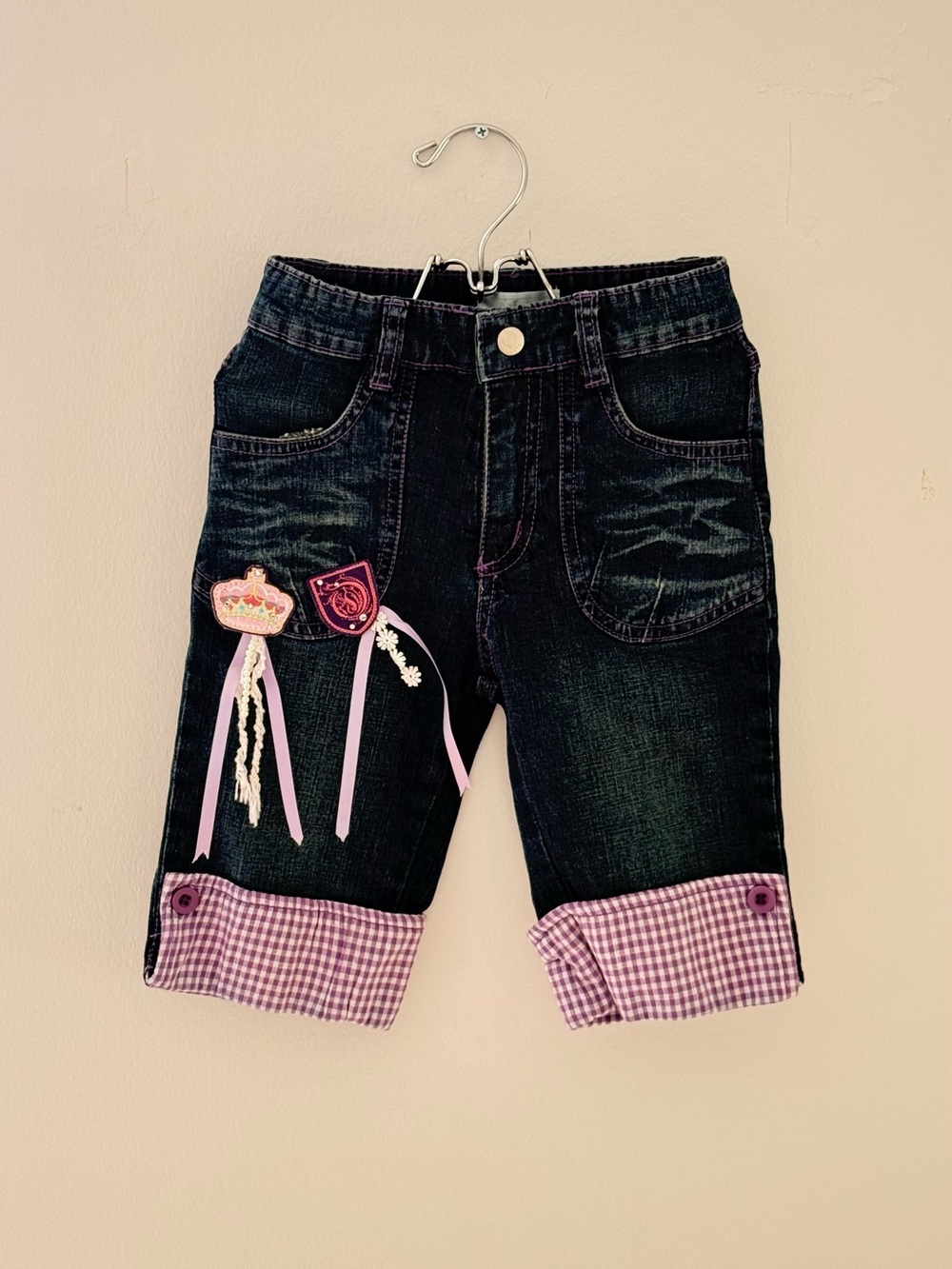 ✨3‎ for $15 RARE 4T Girls' Dark Denim Capri Pants with Pink Gingham Cuffs